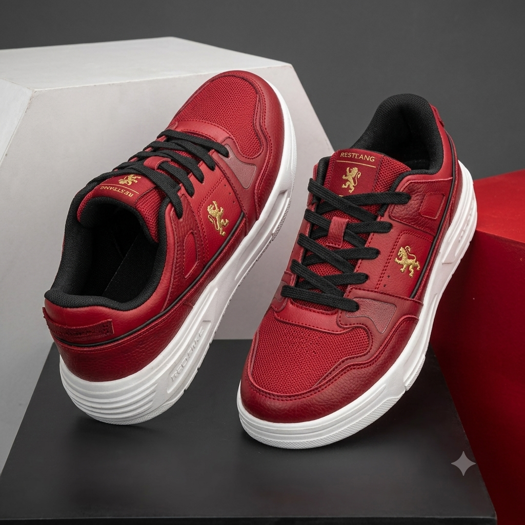 trendy red stylish casual sports sneakers